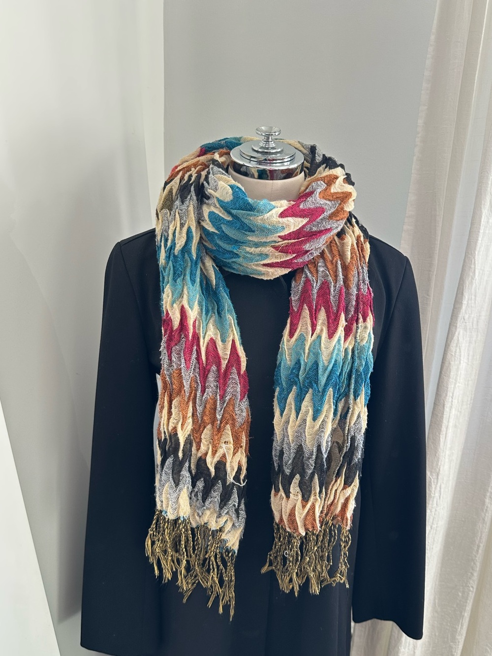 70s Boho Multicolor Zigzag Knit Scarf Missoni Inspired Fringe Multicolor Chevron